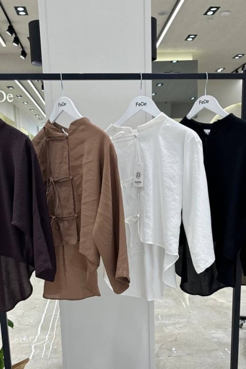 YANDAN 3 İP BAĞLAMALI ARKASI UZUN TARZ GÖMLEK  Haki