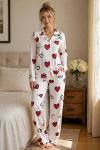 MİLAN KUMAŞ BÜYÜK KIRMIZI KALPLİ PİJAMA TAKIMI  Beyaz