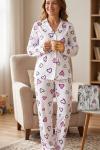 MİLAN KUMAŞ PEMBE KALPLİ PİJAMA TAKIMI  Beyaz