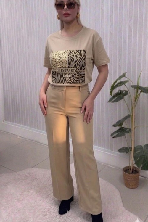 4 KUTULU LEOPARD MODA KADIN TİŞÖRT  Bej