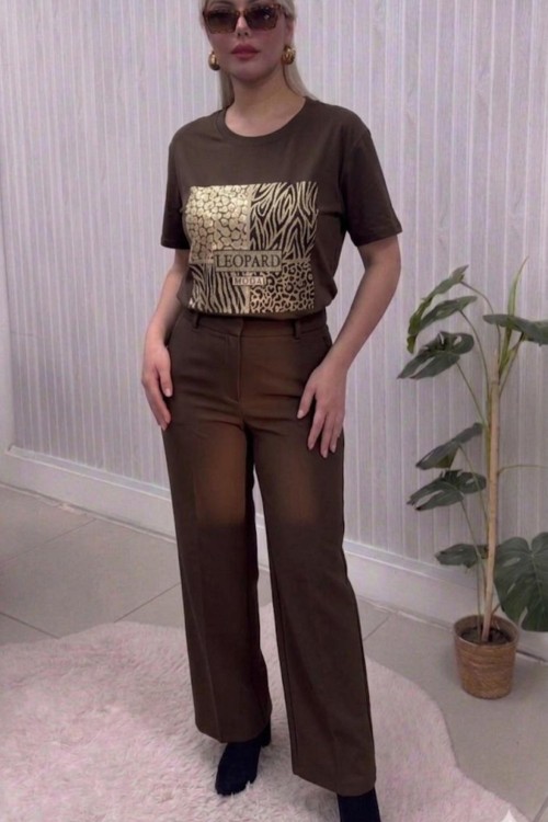 4 KUTULU LEOPARD MODA KADIN TİŞÖRT  Kahverengi