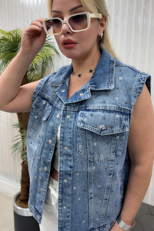 HER YERİ ZIMBALI JEAN YELEK  Mavi