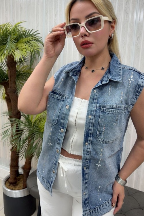 RENKLİ TAŞLI KOT YELEK Mavi