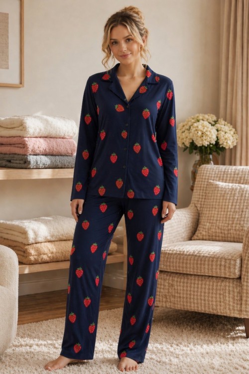 MİLAN KUMAŞ ÇİLEKLİ PİJAMA TAKIMI  Lacivert