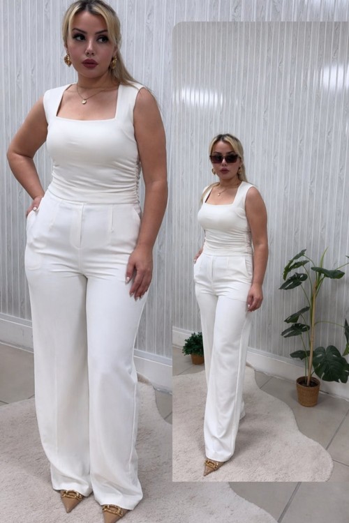 KARE YAKA KALIN ASKILI BEL BÜZGÜLÜ BLUZ Beyaz