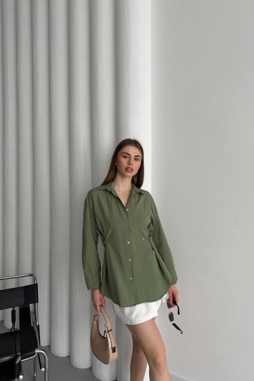 YANLAR DÜĞMELİ BÜZGÜLÜ UZUN KADIN GÖMLEK  Siyah