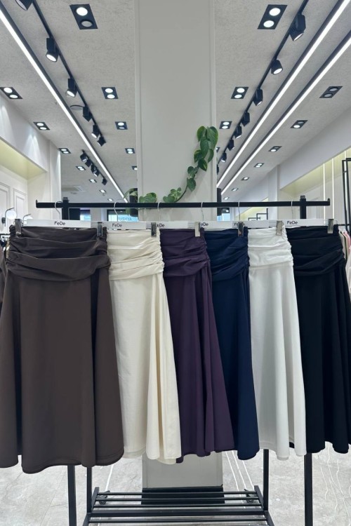 BELİ KAT KAT BÜZGÜLÜ ALT BOL ETEK Kahverengi