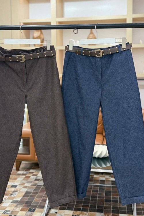 SADE  BEL KEMERLİ PAÇA KATLI PANTOLON Kahverengi