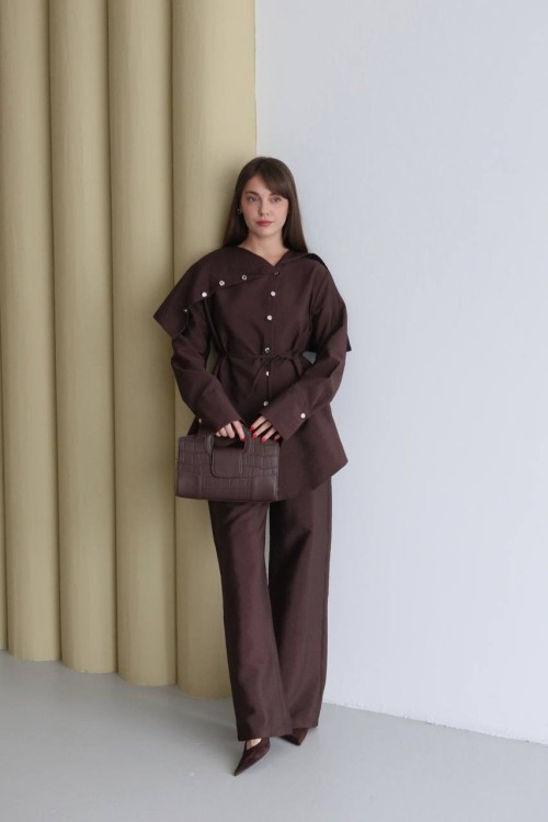 TEK OMZU ASİMETRİK KESİM BEL BAĞLAMALI TUNİK TAKIM Acı Kahve