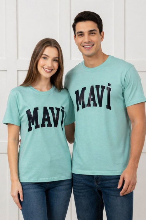KAMPANYALI BÜYÜK DALGALI MAVİ YAZILI TEK TŞÖRT  Mint Yeşili