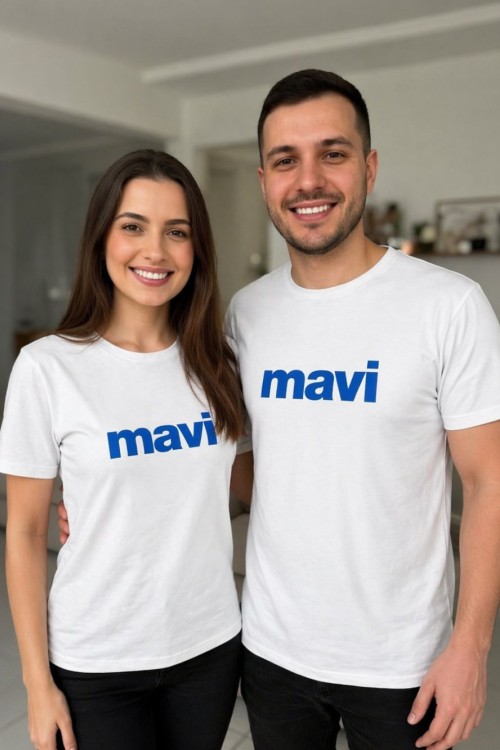 MAVİ YAZILI YAZISI MAVİ TEK TŞÖRT Beyaz