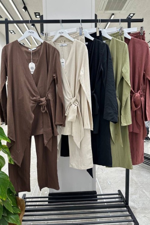 KRUVAZE KESİMLİ BAĞLAMA DETAYLI TUNİK TAKIM Kiremit