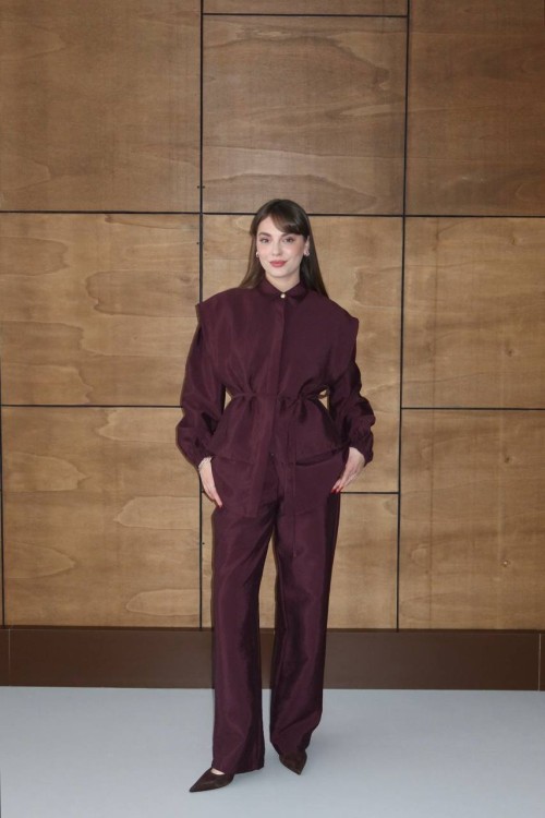 ÖNÜ YELEK GÖRÜNÜMLÜ KOLU LASTİKLİ BELİ İP BAĞLAMALI TUNİK TAKIM  Mürdüm