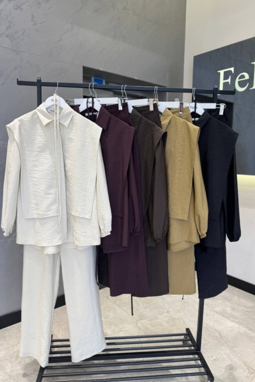 ÖNÜ YELEK GÖRÜNÜMLÜ KOLU LASTİKLİ BELİ İP BAĞLAMALI TUNİK TAKIM  Yeşil