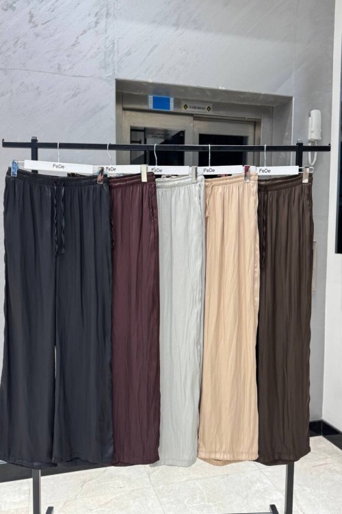 BELİ LASTİKLİ İPLİ SATEN PANTOLON  Siyah