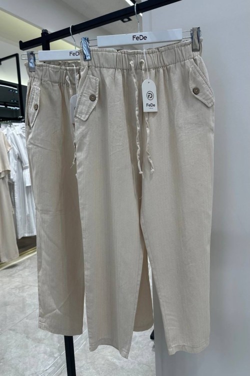 BELİ LASTİKLİ CEBİ DÜĞMELİ ÇİZGİ DESENLİ PANTOLON  Krem