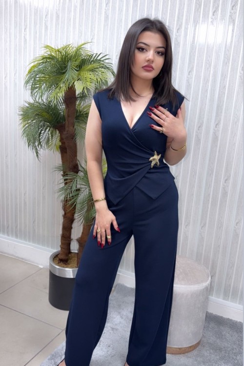 BELİNDE GOLD YILDIZ DETAYLI YELEKLİ PANTOLON TAKIM Lacivert