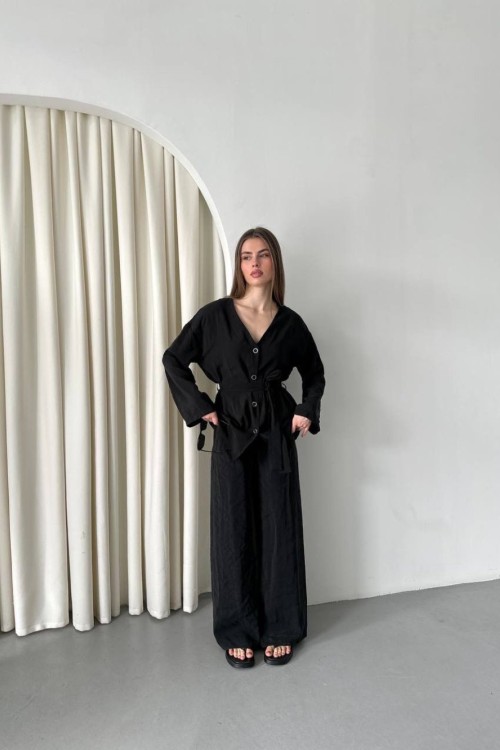 DÜĞMELİ BELİ KEMERLİ V YAKA TUNİK TAKIM Siyah