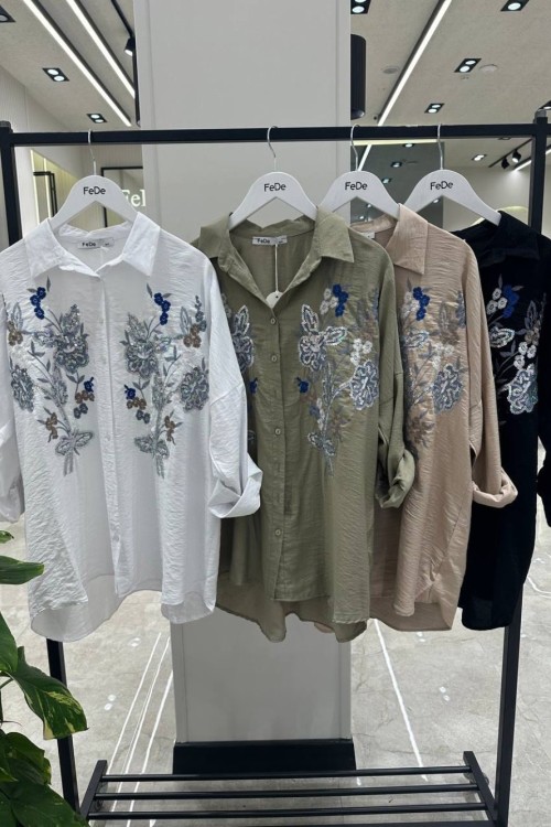 ÇİÇEK NAKIŞ İŞLEMELİ PUL DETAYLI TUNİK Bej