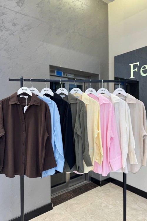 OVERSİZE V YAKA  KOLU 2 DÜĞMELİ GÖMLEK Kahverengi