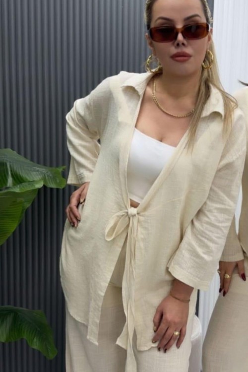 ÖNÜ BAĞLAMALI UZUN HIRKA GÖMLEK Bej