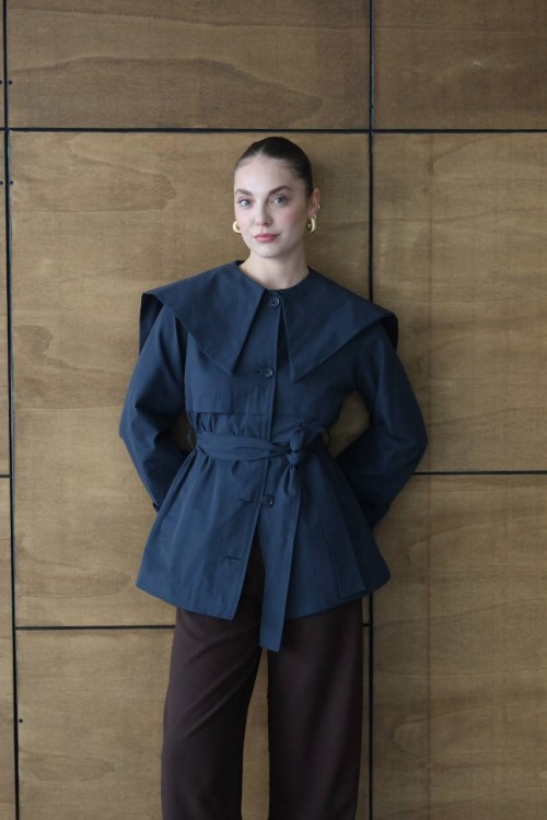 BEBE YAKA BEL KEMERLİ TRENÇKOT  Lacivert