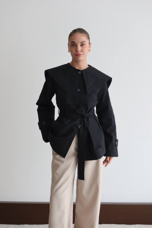 BEBE YAKA BEL KEMERLİ TRENÇKOT  Siyah