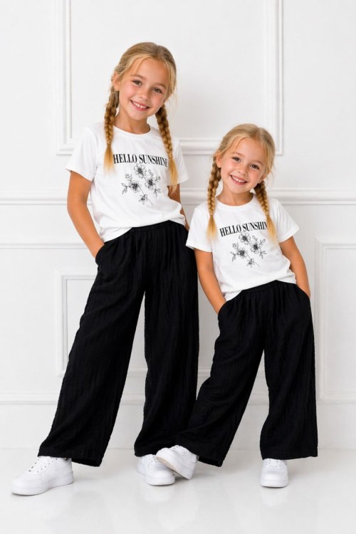 HELLO SUNSHINE ÇİÇEKLİ ALT UZUN TAKIM Siyah
