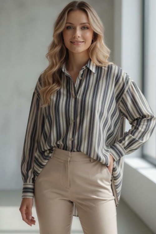 ÖNÜ KISA ARKASI UZUN ÇİZGİLİ SALAŞ GÖMLEK  Gri