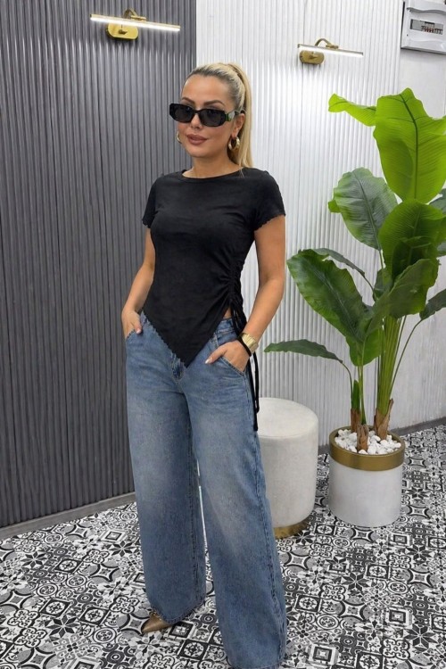 TEK TARAFI BĞZGÜ DETAYLI ASİMETRİK BLUZ Siyah