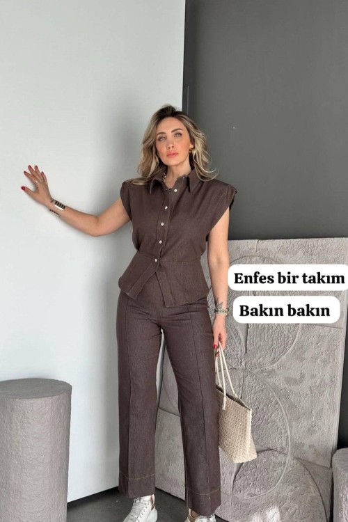 VATKA DETAYLI ÇITÇITLI DENİM TAKIM Kahverengi