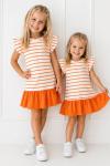 Kampanyalı Kol Fırfırlı Çizgili Elbise Turuncu