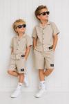 Kampanyalı Çizgili Gömlek Şortlu Takım  Bej