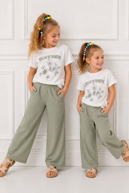 HELLO SUNSHINE CEPLİ KETEN PANTOLON TAKIM  Mint Yeşili