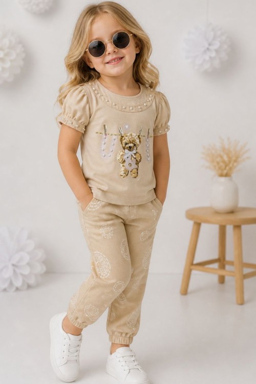 İNCİLİ AYILI PAÇASI LASTİKLİ BEBEK TAKIM  Bej