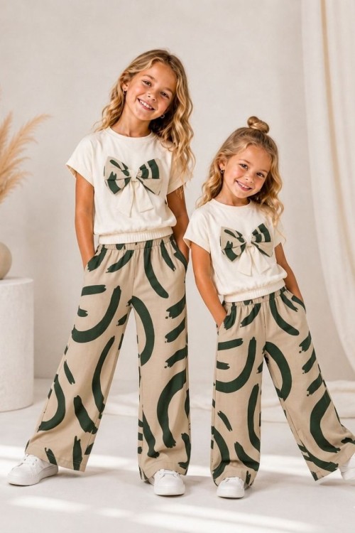 KAMPANYALI BELİ LASTİKLİ FİYONKLU BOL PAÇA PANTOLON TAKIM  Yeşil