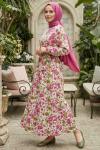 ÇİÇEKLİ BEL KEMERLİ KADIN ELBİSE Pembe
