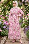 GÜL DESENLİ BEL KEMERLİ KADIN ELBİSE Pembe