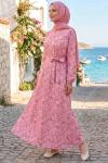 MİNİK ÇİÇEKLİ BEL KEMERLİ KADIN ELBİSE Pembe