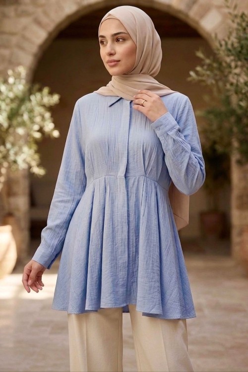 BEL OTURTMALI ALT GENİŞ DÜĞMELİ TUNİK Mavi