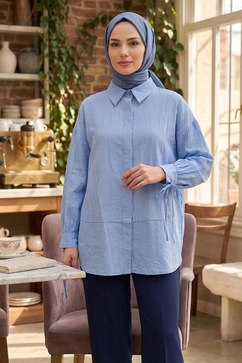 KOLLARI İP DETAYLI DÜZ SADE TUNİK Mavi