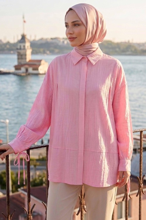 KOLLARI İP DETAYLI DÜZ SADE TUNİK Pembe