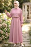 YELEK GÖRÜNÜMLÜ YANLAR İPLİ ÇİZGİLİ ELBİSE  Pembe