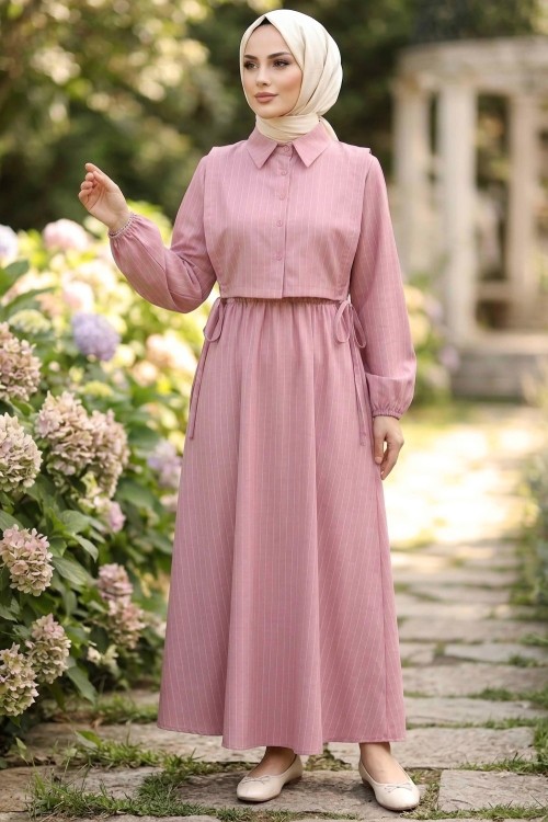 YELEK GÖRÜNÜMLÜ YANLAR İPLİ ÇİZGİLİ ELBİSE  Pembe