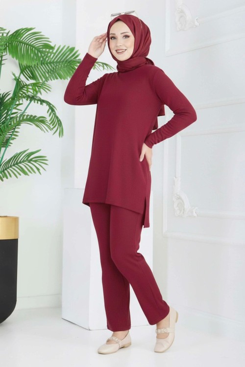 FİTİLLİ KENARI YIRTMAÇLI PANTOLON TAKMI Bordo