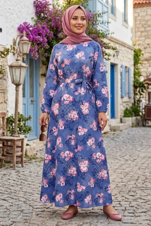BUKET ÇİÇEK BEL KEMERLİ ELBİSE Mavi