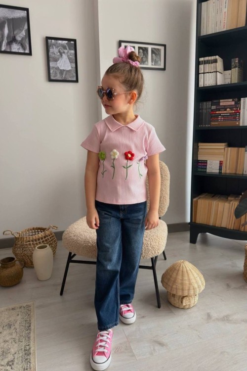 4 ÖRGÜ ÇİÇEKLİ YAKALI KOT PANTOLON TAKIM  Pudra