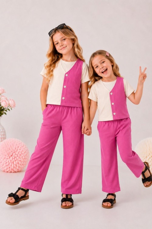 YELEGİ İKİ RENKLİ 3 PARÇA EŞOFMAN TAKIMI Fuşya