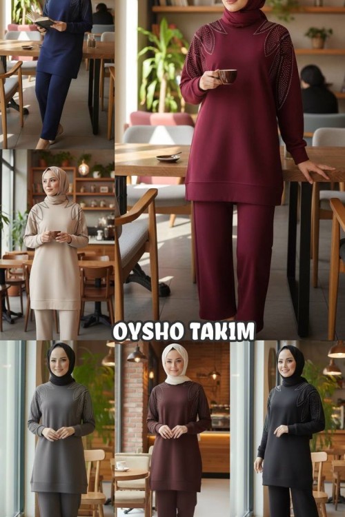 İKİ OMZU TAŞLI YAPRAK DESEN OYSHO TUNİK TAKIM  Gri