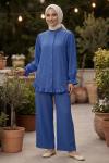 ÇİLEK KUMAŞ KOL VE ETEK UCU FIRFIRLI DÜĞMELİ TUNİK TAKIM Koyu Mavi